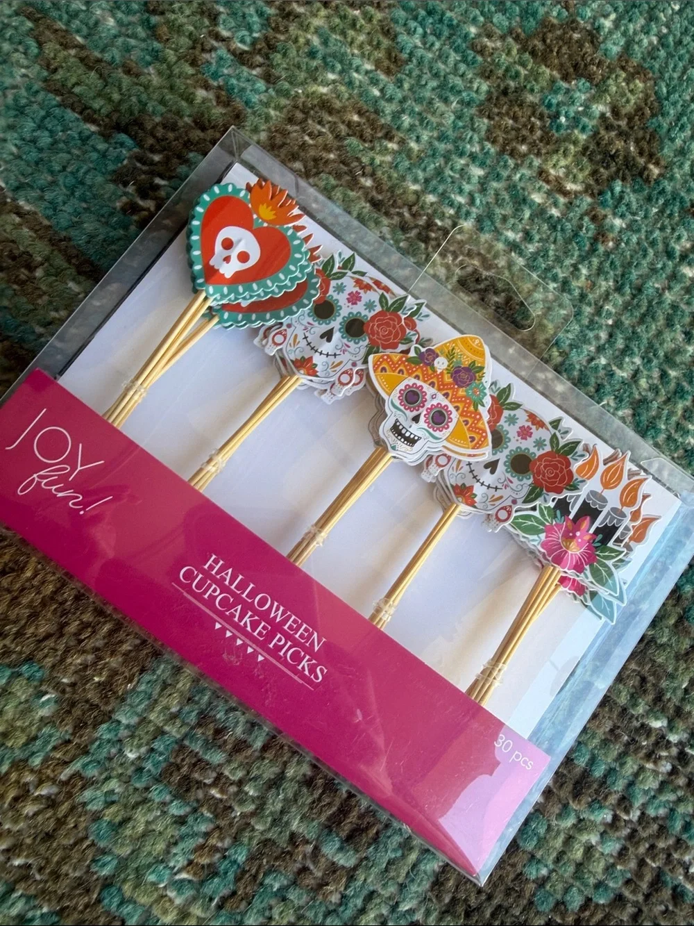 Joyful Halloween Day of the Dead Cupcake Picks - Pink & Yellow - 30 pcs